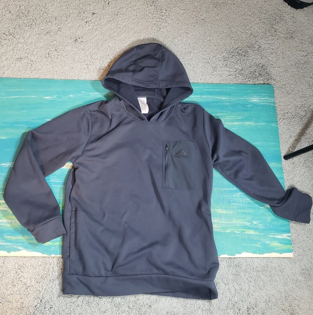 Adidas Mens Navy Large Fleece Pocket Hoodie Active Athletic Running Sweatshirt